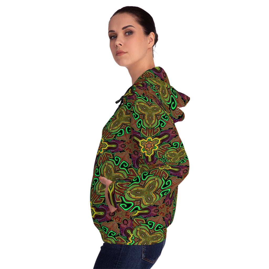 Kaleidoscope Floral Zip-Up Hoodie — Psychedelic Green & Gold All-Over Print #fn994219