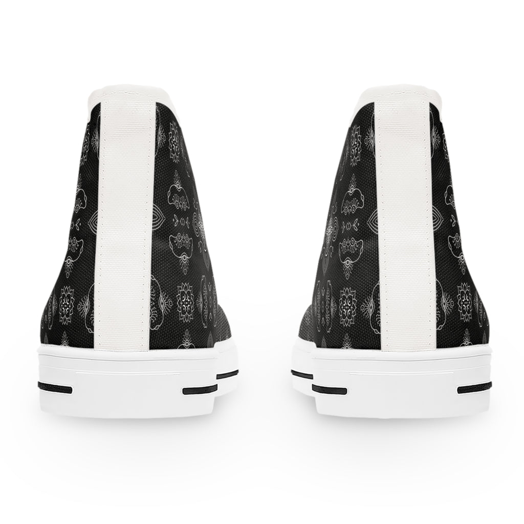 High Top Sneakers - Black Paisley Pattern Women's Canvas Shoes #d3566