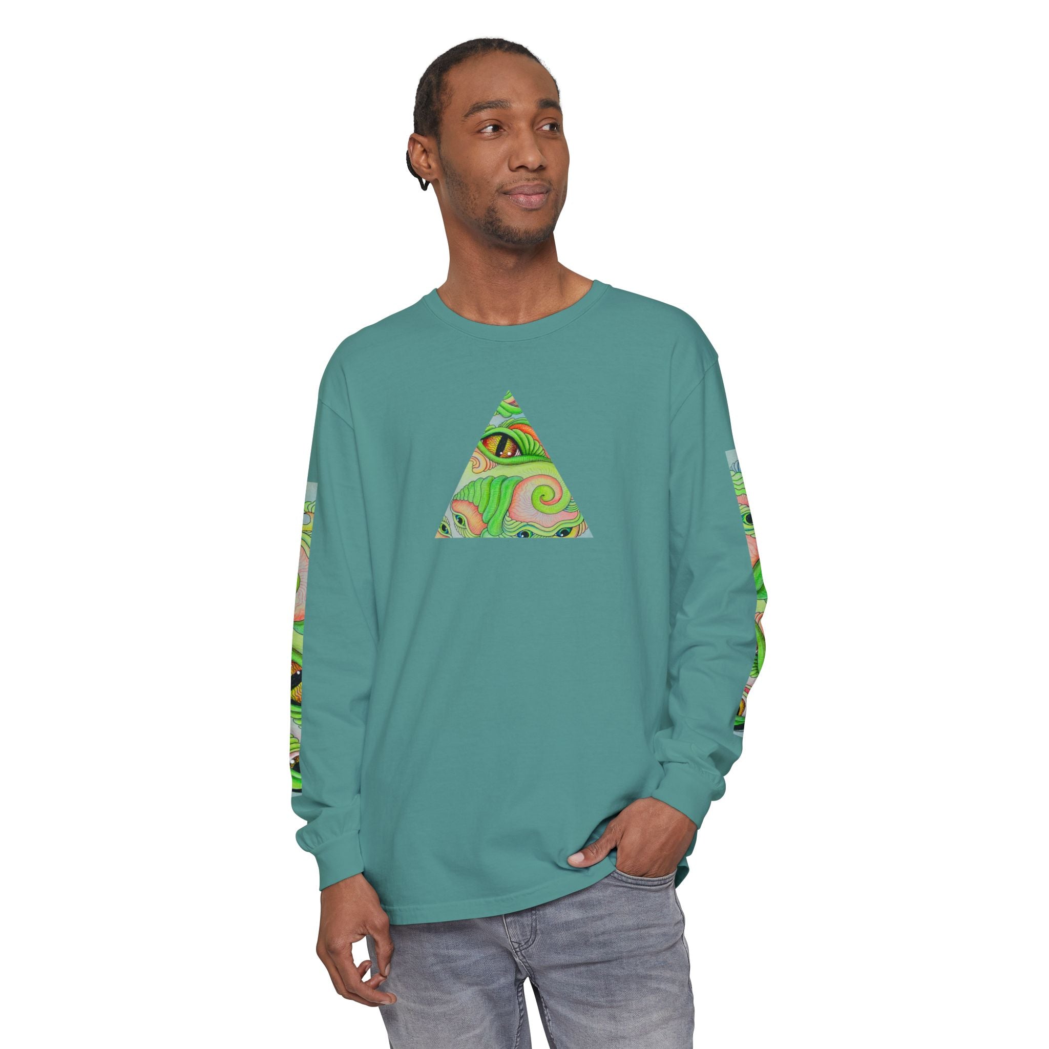 Psychedelic Green Triangle Long Sleeve Tee — Tribal Star Sleeve Artwork #gf086357