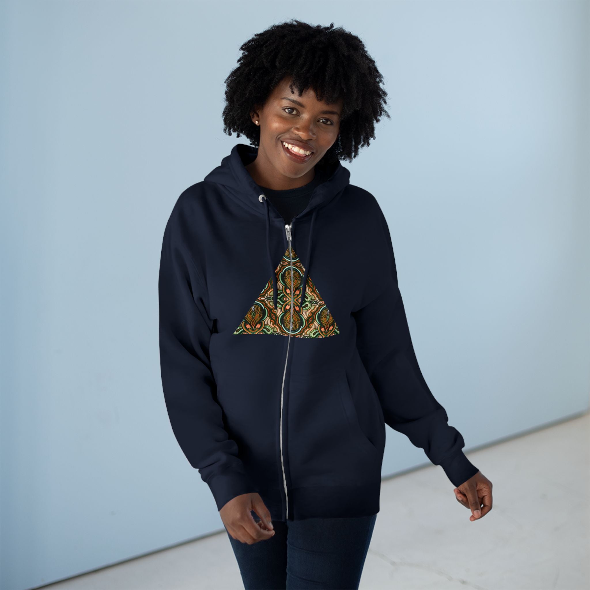 Geometric Tribal Pattern Zip Hoodie — Earthy Mandala Triangle & Circle Design #zh137