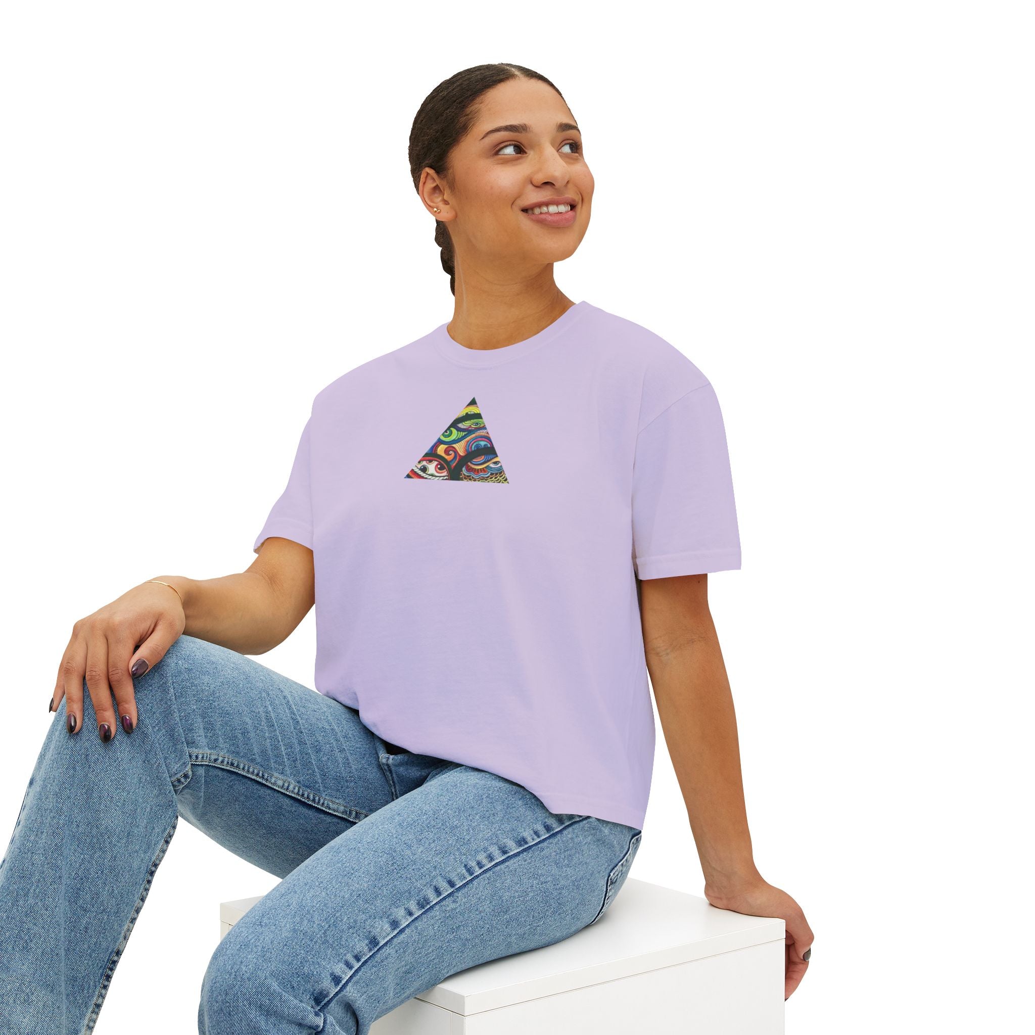 Women's Boxy Tee with Abstract Colorful Triangle (Front) & Heart (Back) Art — Casual Graphic Crop Top #hd9859