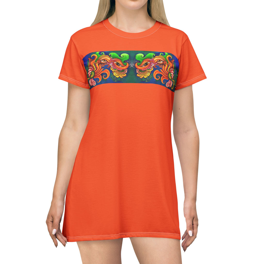 Boho Floral Face Motif T-Shirt Dress — Vertical Tribal-Inspired Print #d2