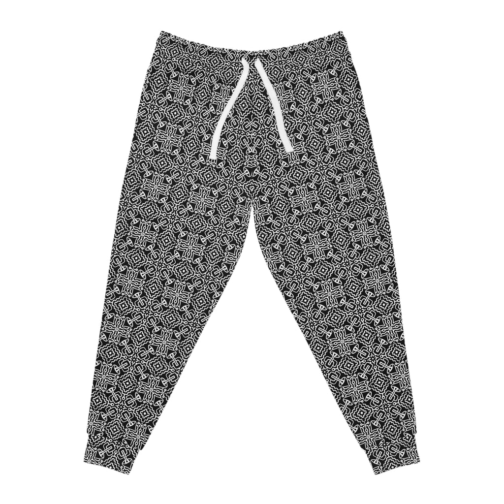 Black & White Geometric Pattern Joggers — All-Over-Print Athletic Pants #h98647