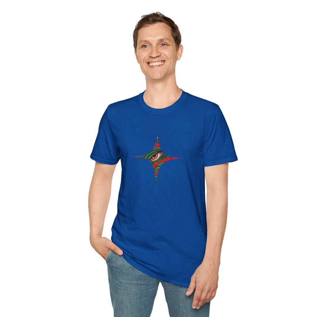Geometric Tribal Eye Tee — Abstract Red & Green Triangle Graphic T-Shirt #sx432177
