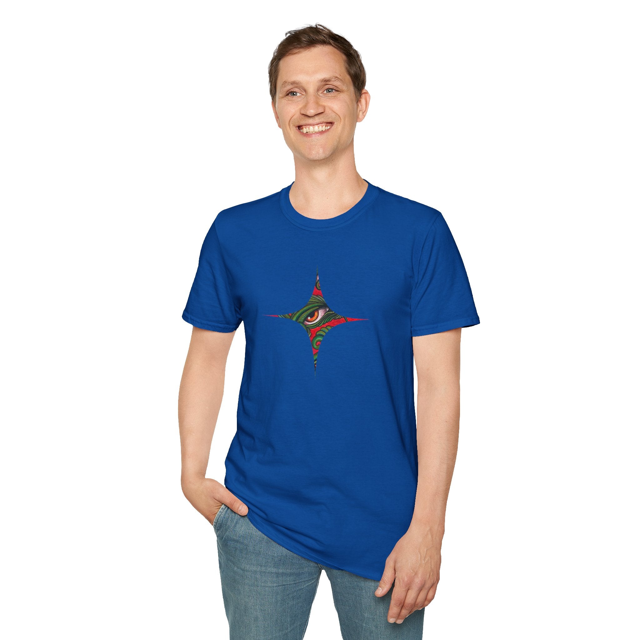 Geometric Tribal Eye Tee — Abstract Red & Green Triangle Graphic T-Shirt #sx432177