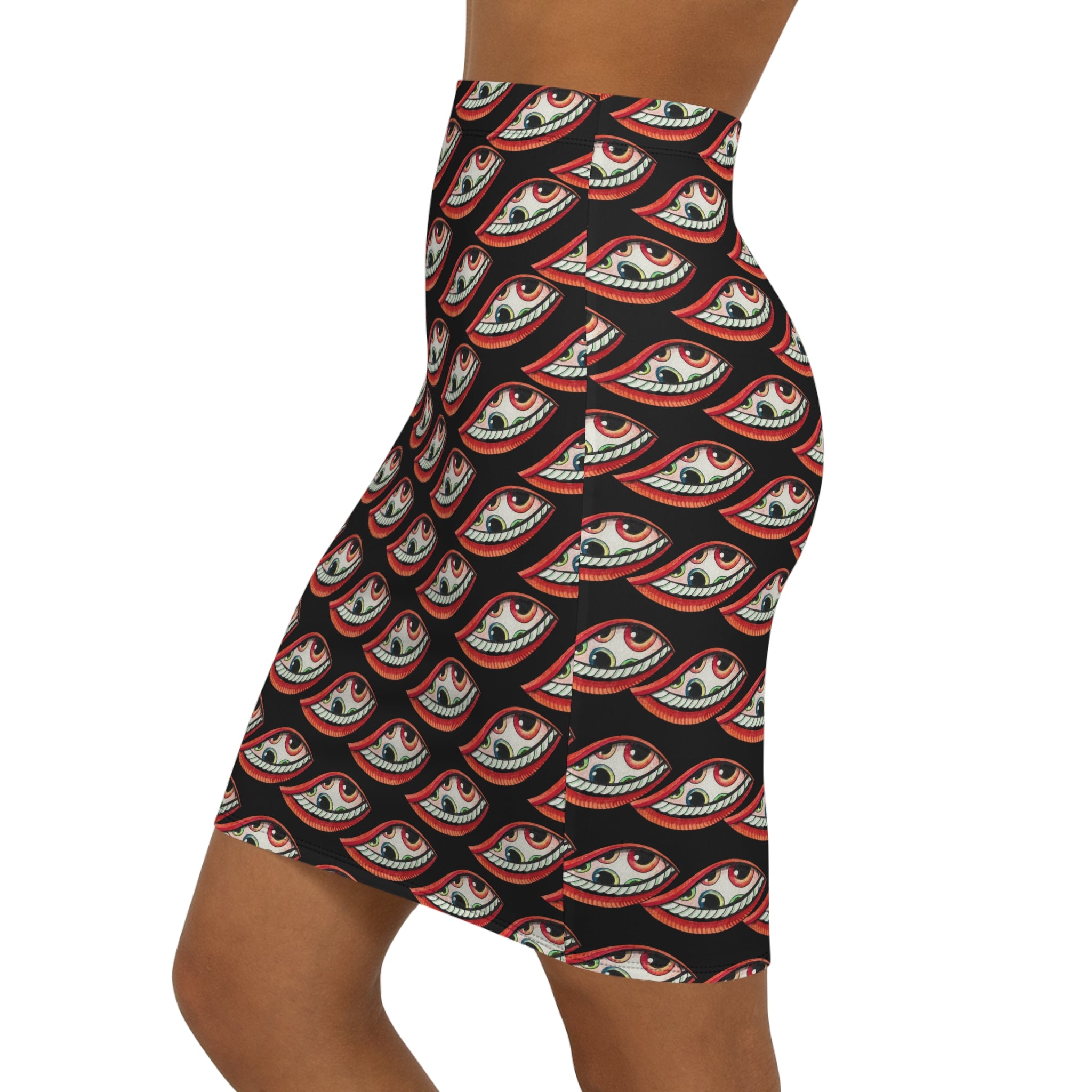 Eye Pattern Pencil Skirt — Red & Black All-Over Print #da456