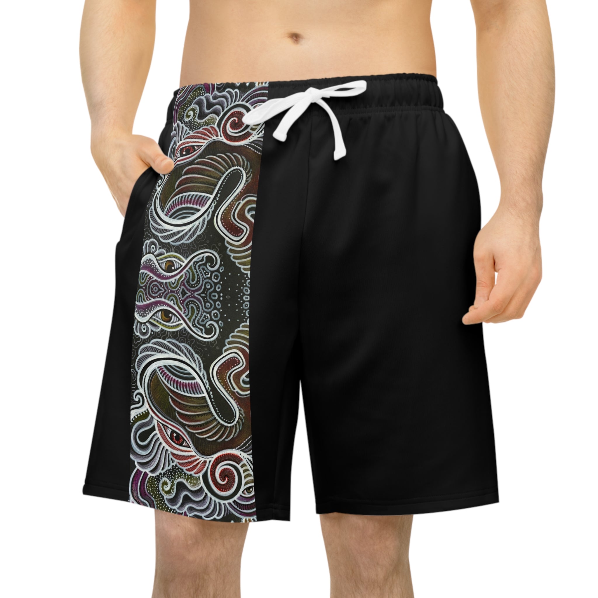 Men's Athletic Shorts with Abstract Swirl Panel – Black AOP Activewear #as3567