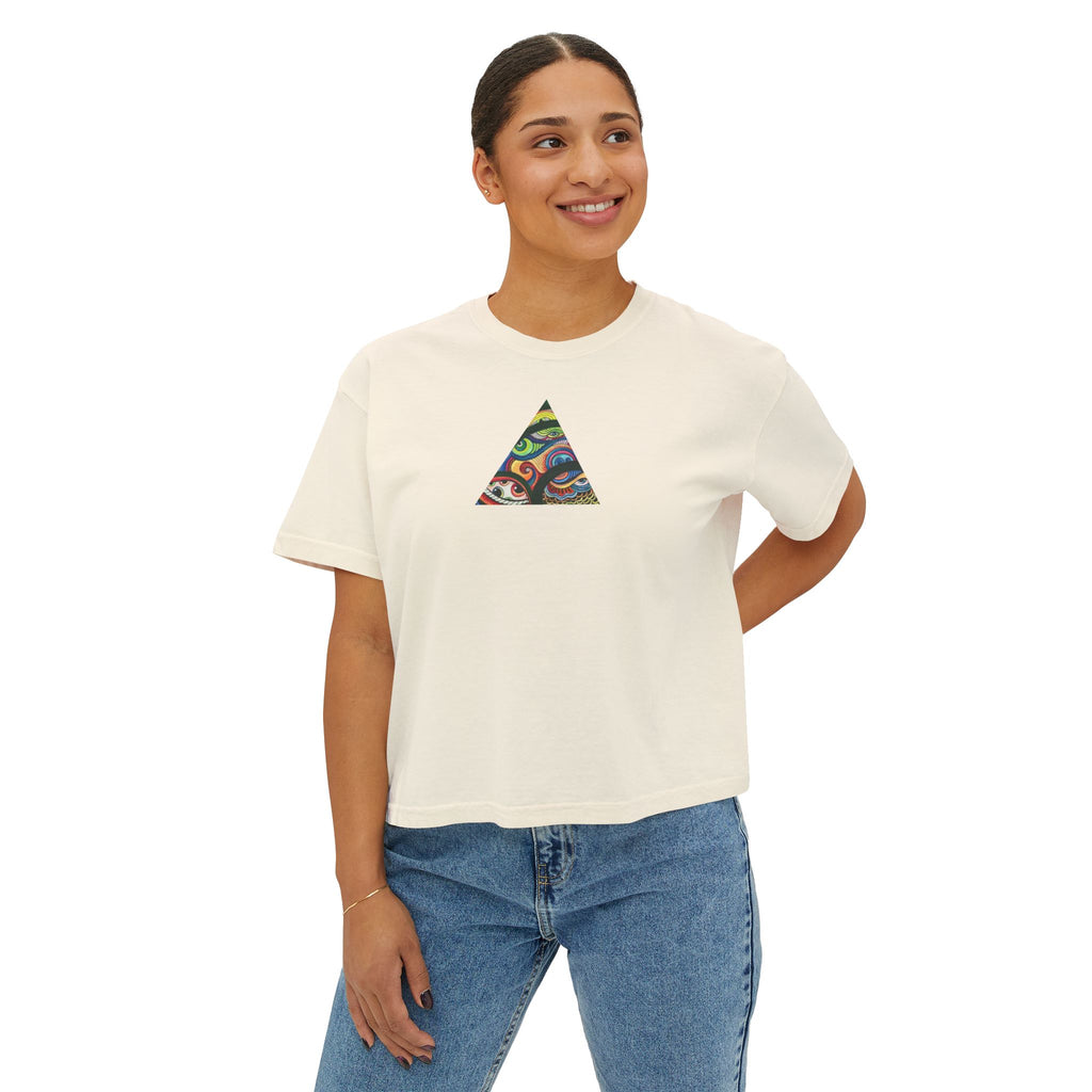 Women's Boxy Tee with Abstract Colorful Triangle (Front) & Heart (Back) Art — Casual Graphic Crop Top #hd9859