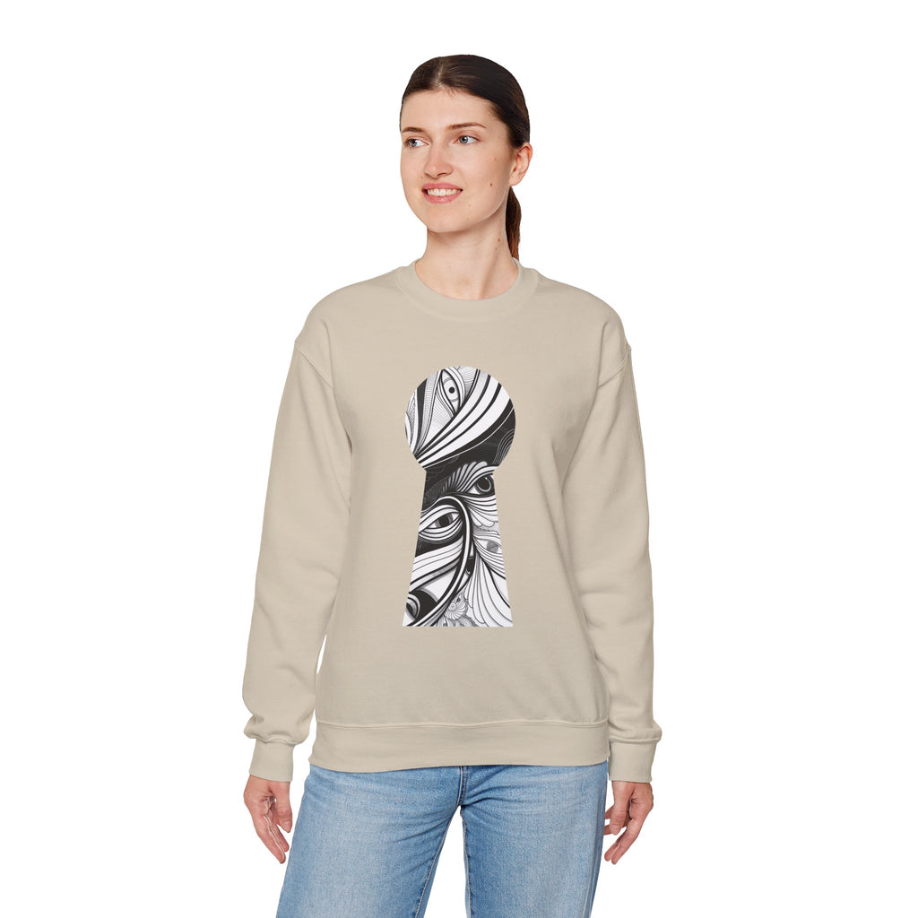 Crewneck Sweatshirt — Black & White Surreal Eye Keyhole Design #h5522168