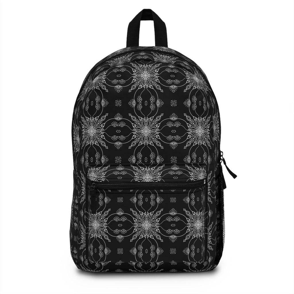 Black Kaleidoscope Pattern Backpack — Gothic Floral Daypack #x863568
