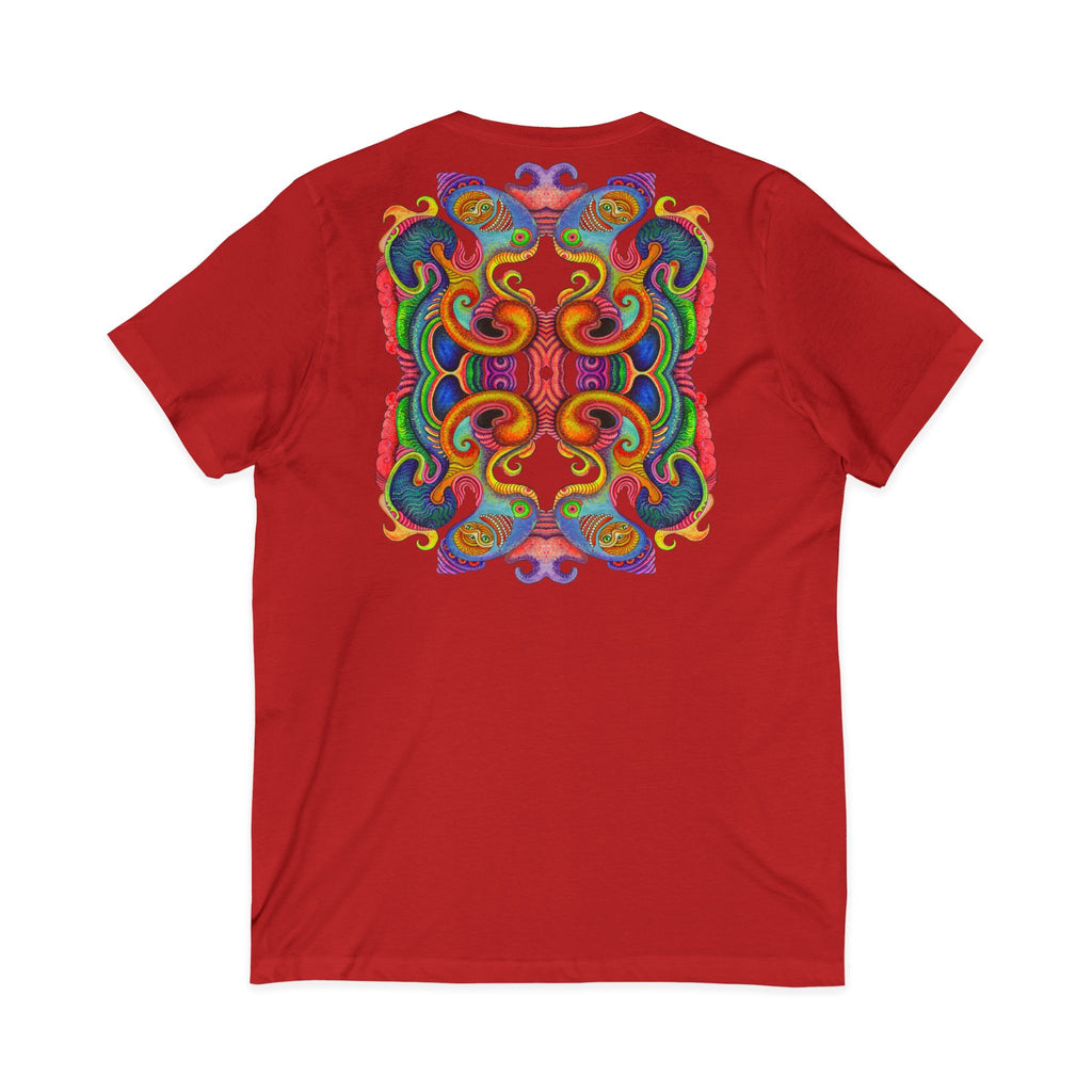 Psychedelic Keyhole V-Neck Tee — Colorful Abstract Back Art  #h975468