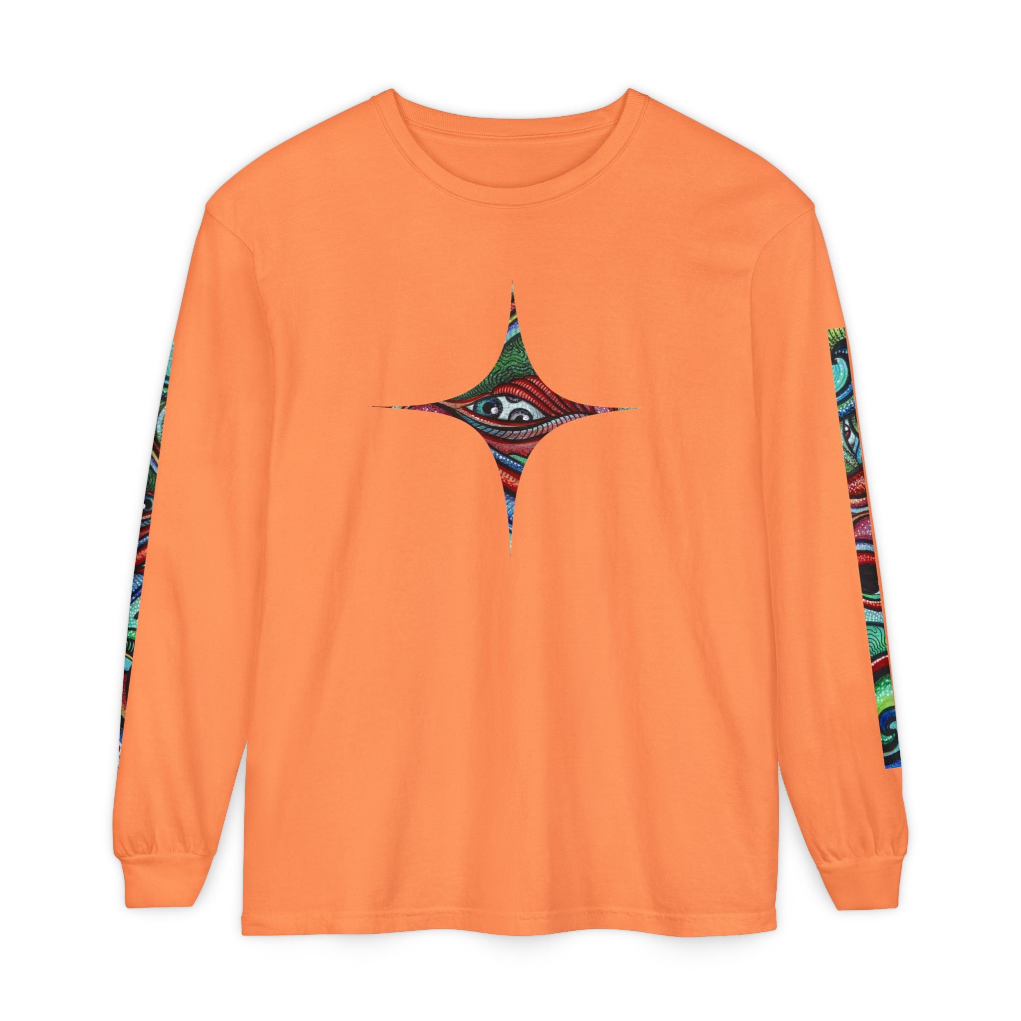 Psychedelic Starburst Long Sleeve Tee — Colorful Eye & Sleeve Stripe Design #k976344