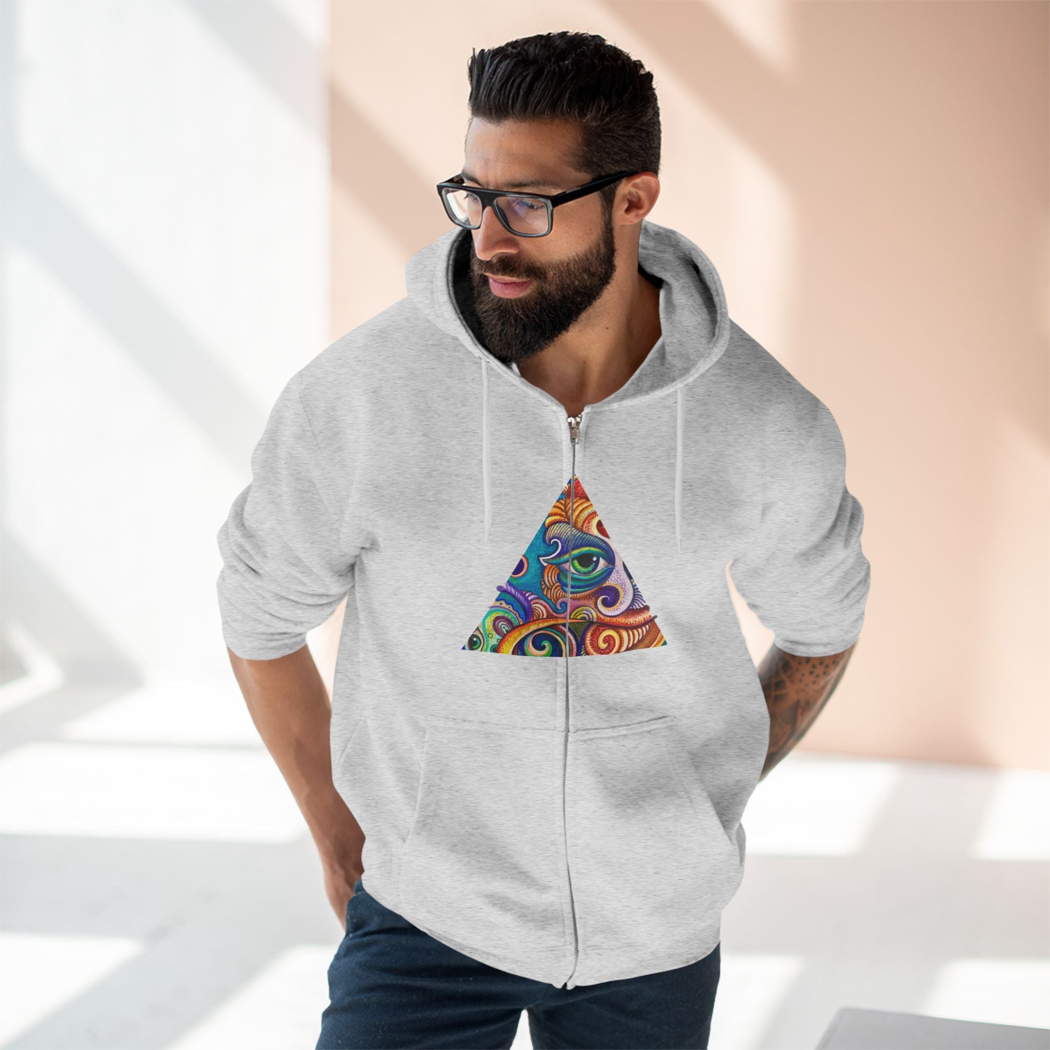 Zip Hoodie with Colorful Psychedelic Triangle & Mandala Back — Vibrant Abstract Art Zip-Up  #cp2680