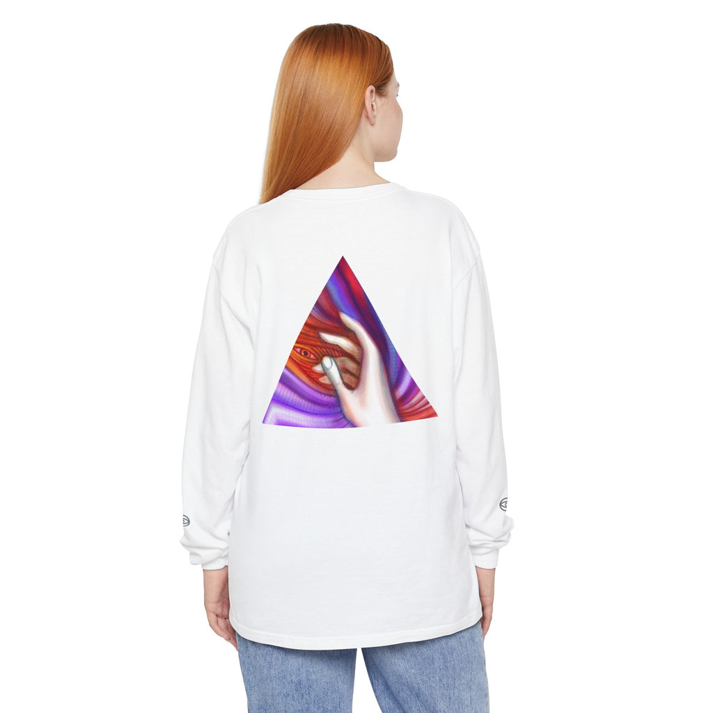 Long Sleeve T-Shirt — Triangular Hand Art Graphic (White) #sh26774