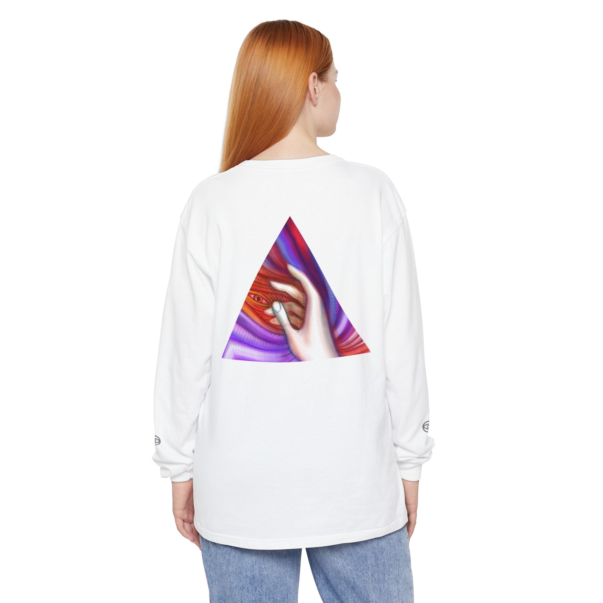 Long Sleeve T-Shirt — Triangular Hand Art Graphic (White) #sh26774