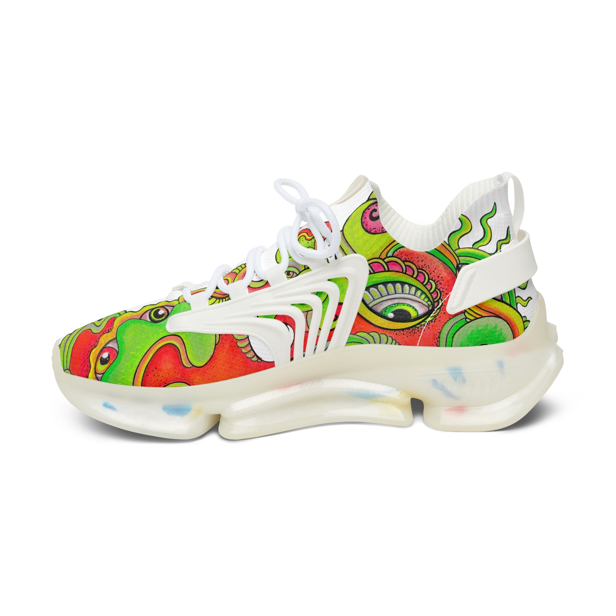 Psychedelic Floral Mesh Sneakers — Women's Colorful Retro Wave Athletic Shoes #d7843555