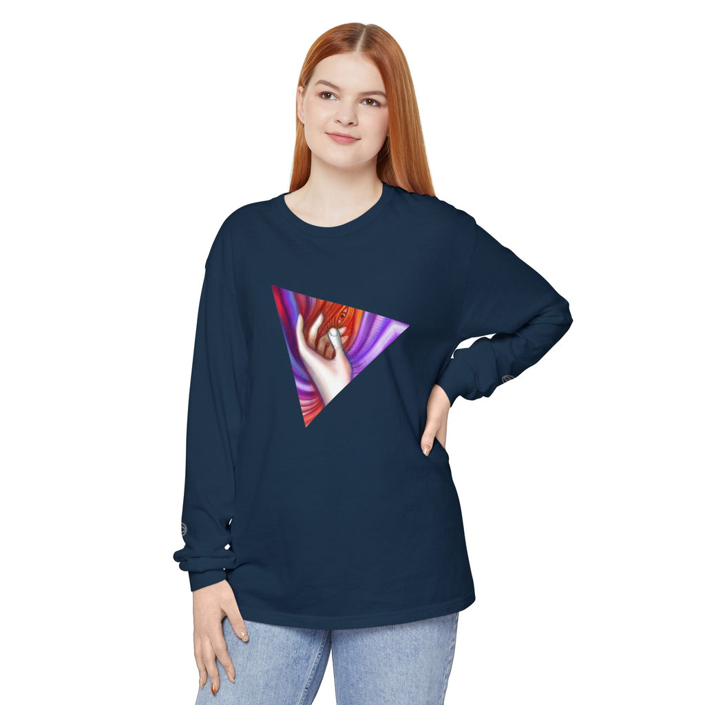 Long Sleeve T-Shirt — Triangular Hand Art Graphic (White) #sh26774