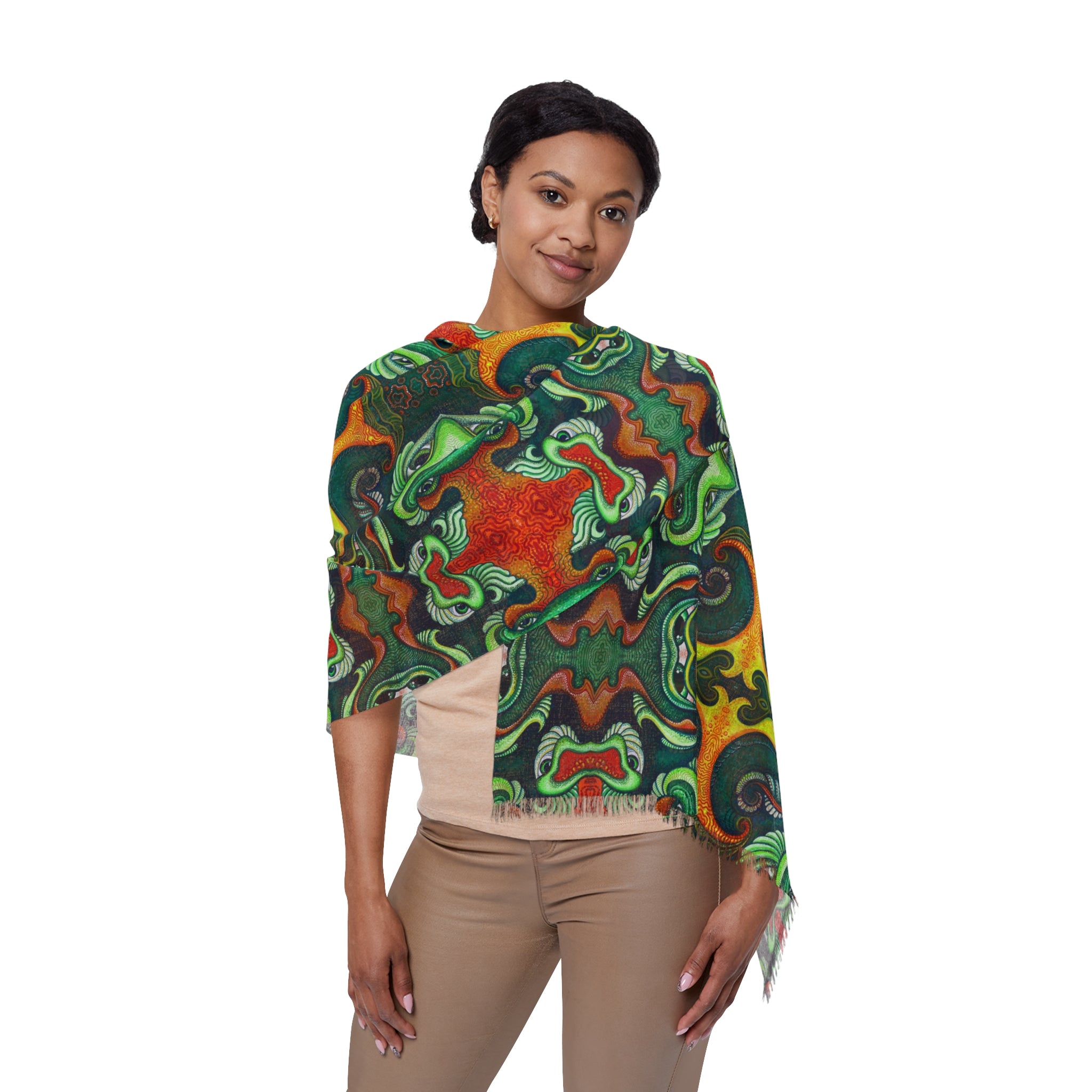 Bohemian Kaleidoscope Light Scarf — Green & Orange Abstract Pattern #k432887