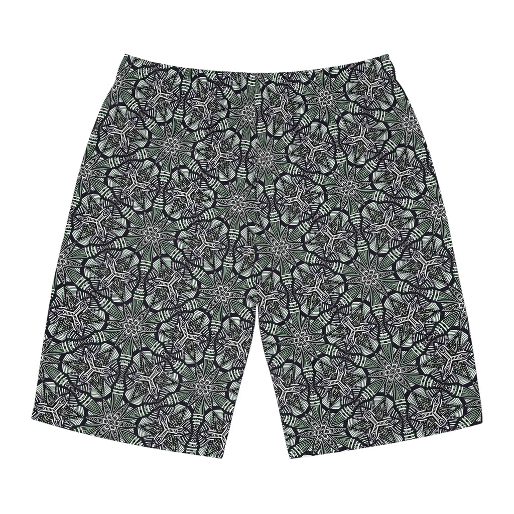 Men's Kaleidoscope Pattern Board Shorts — Green Geometric Swim Trunks #jg886479