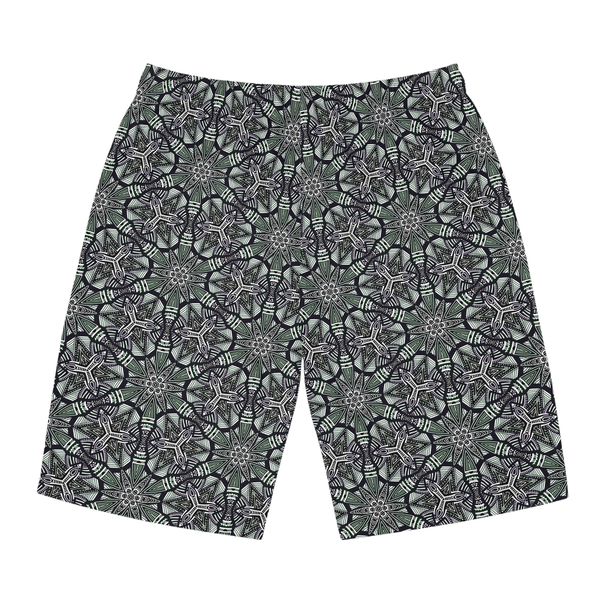 Men's Kaleidoscope Pattern Board Shorts — Green Geometric Swim Trunks #jg886479
