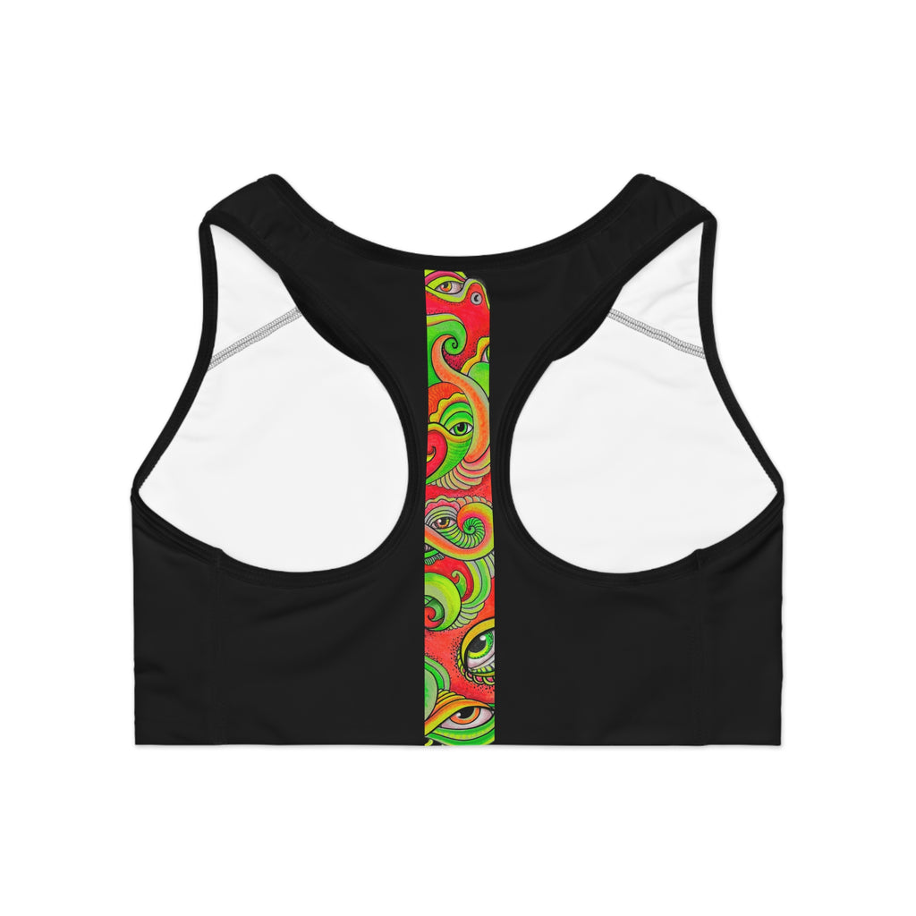 Black Sports Bra with Colorful Psychedelic Vertical Stripe — Vibrant Abstract Eye Design #f234488