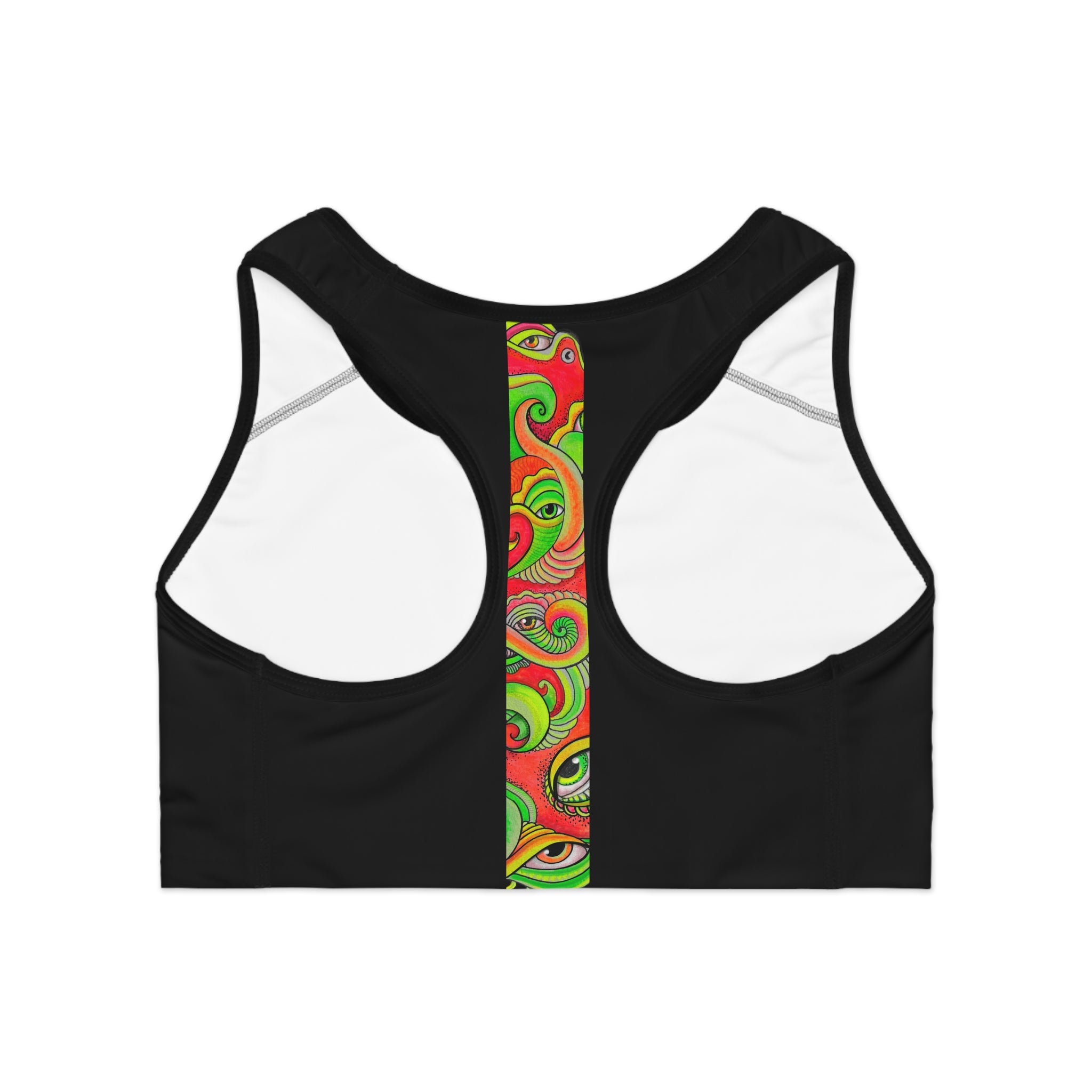 Black Sports Bra with Colorful Psychedelic Vertical Stripe — Vibrant Abstract Eye Design #f234488