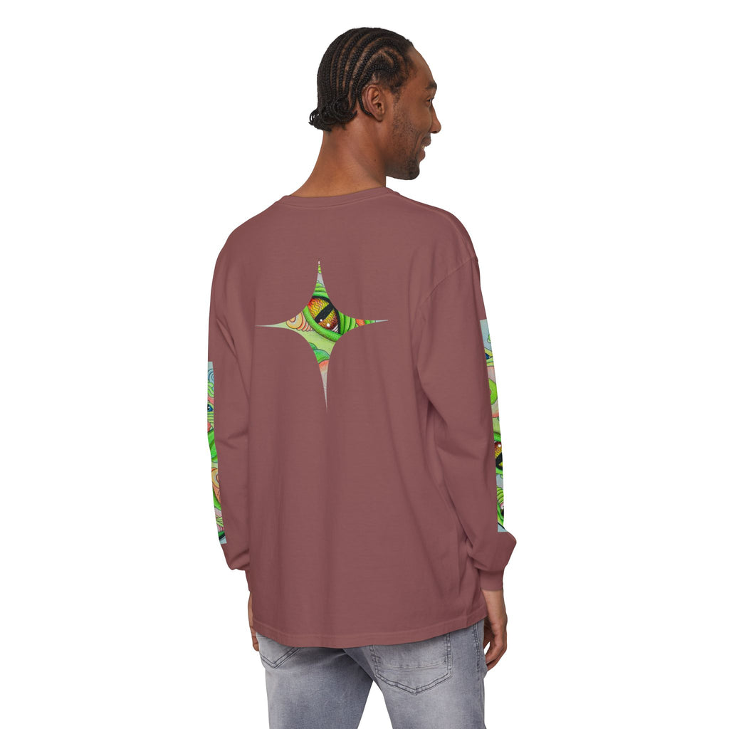 Psychedelic Green Triangle Long Sleeve Tee — Tribal Star Sleeve Artwork #gf086357