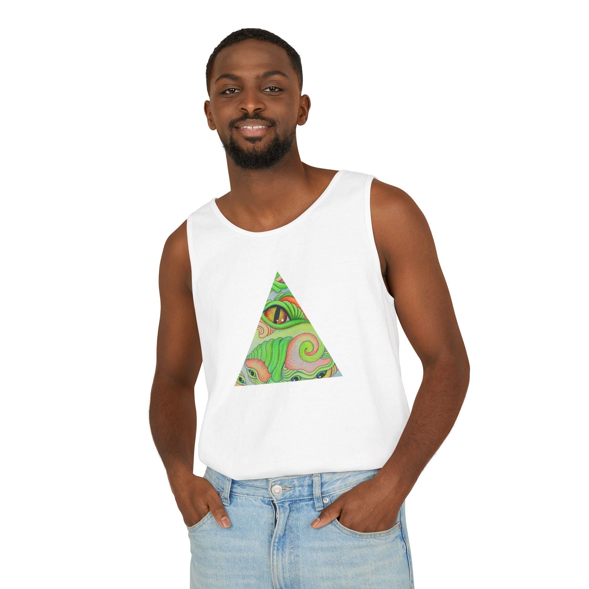Psychedelic Triangle Tank Top — Green Swirl Eye Graphic #hg772225566