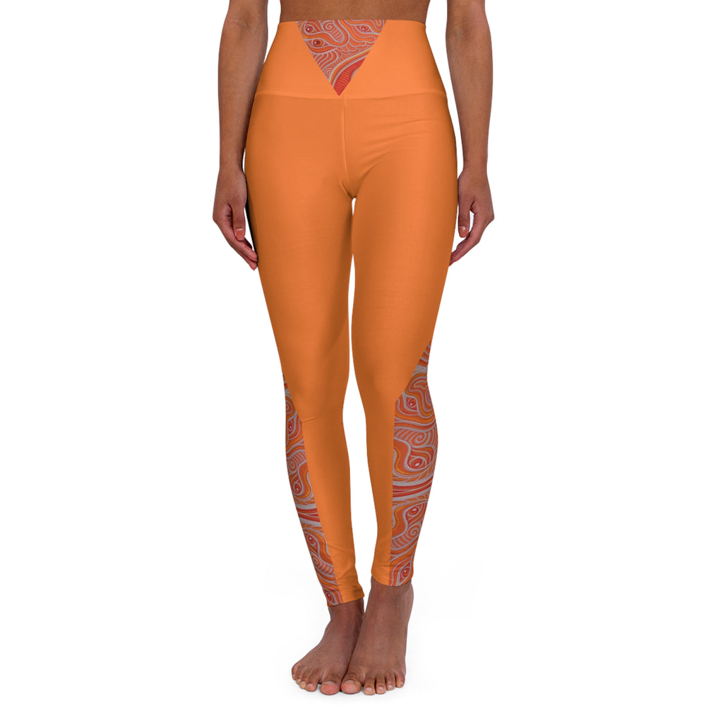 High-Waist Red Yoga Leggings with Orange Swirl Accent — Sculpting Activewear #h97356