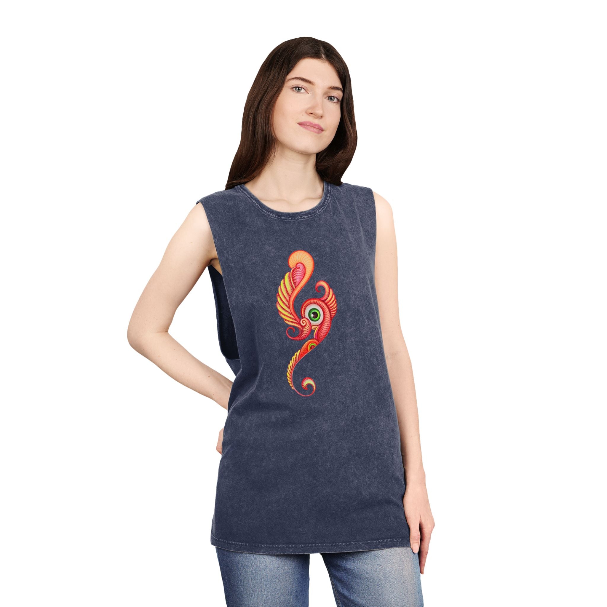 Stonewash Tank Top with Vibrant Abstract Feather Design #rgy3566
