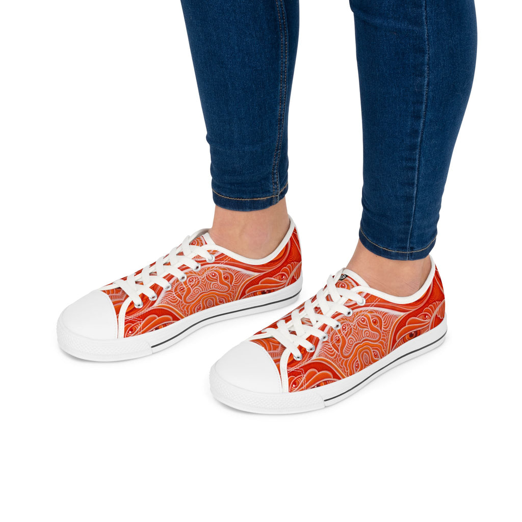 Women's Low Top Sneakers — Red Abstract Swirl Canvas Shoes, Artistic Casual Lace-Up Trainers #d00422