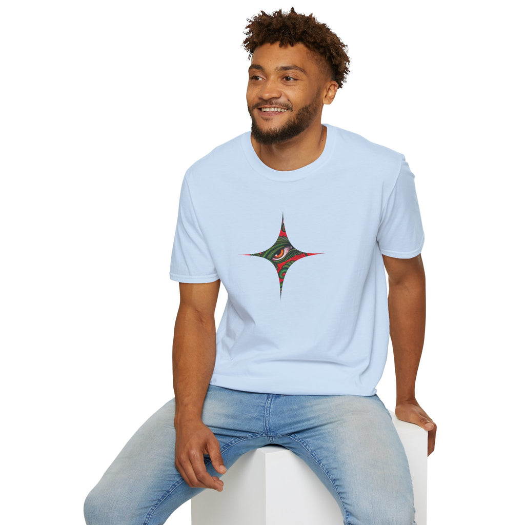 Geometric Tribal Eye Tee — Abstract Red & Green Triangle Graphic T-Shirt #sx432177