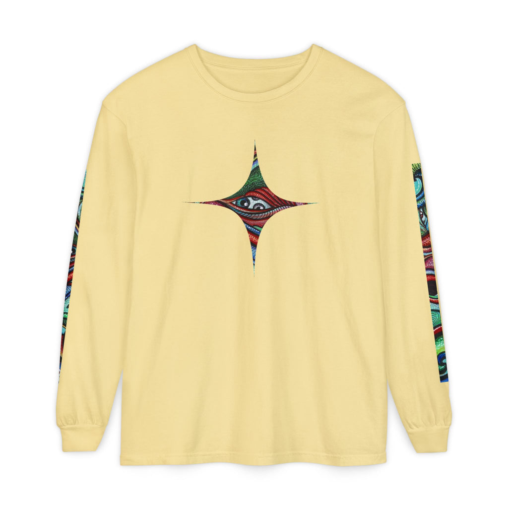 Psychedelic Starburst Long Sleeve Tee — Colorful Eye & Sleeve Stripe Design #k976344