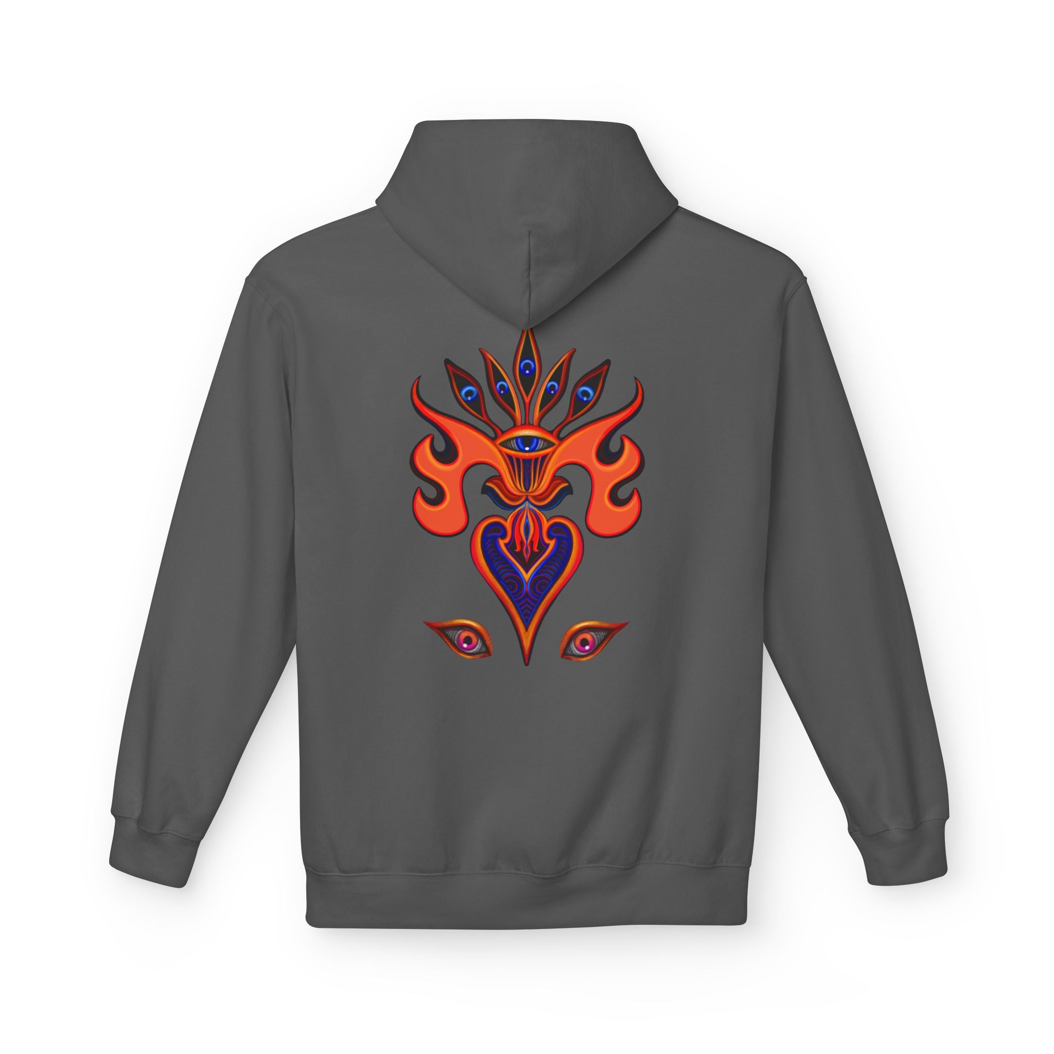 Psychedelic Third-Eye Heart Hoodie | Surreal Eye Motif, Flame Crown