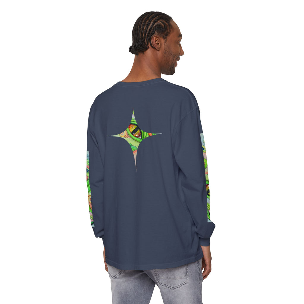 Psychedelic Green Triangle Long Sleeve Tee — Tribal Star Sleeve Artwork #gf086357