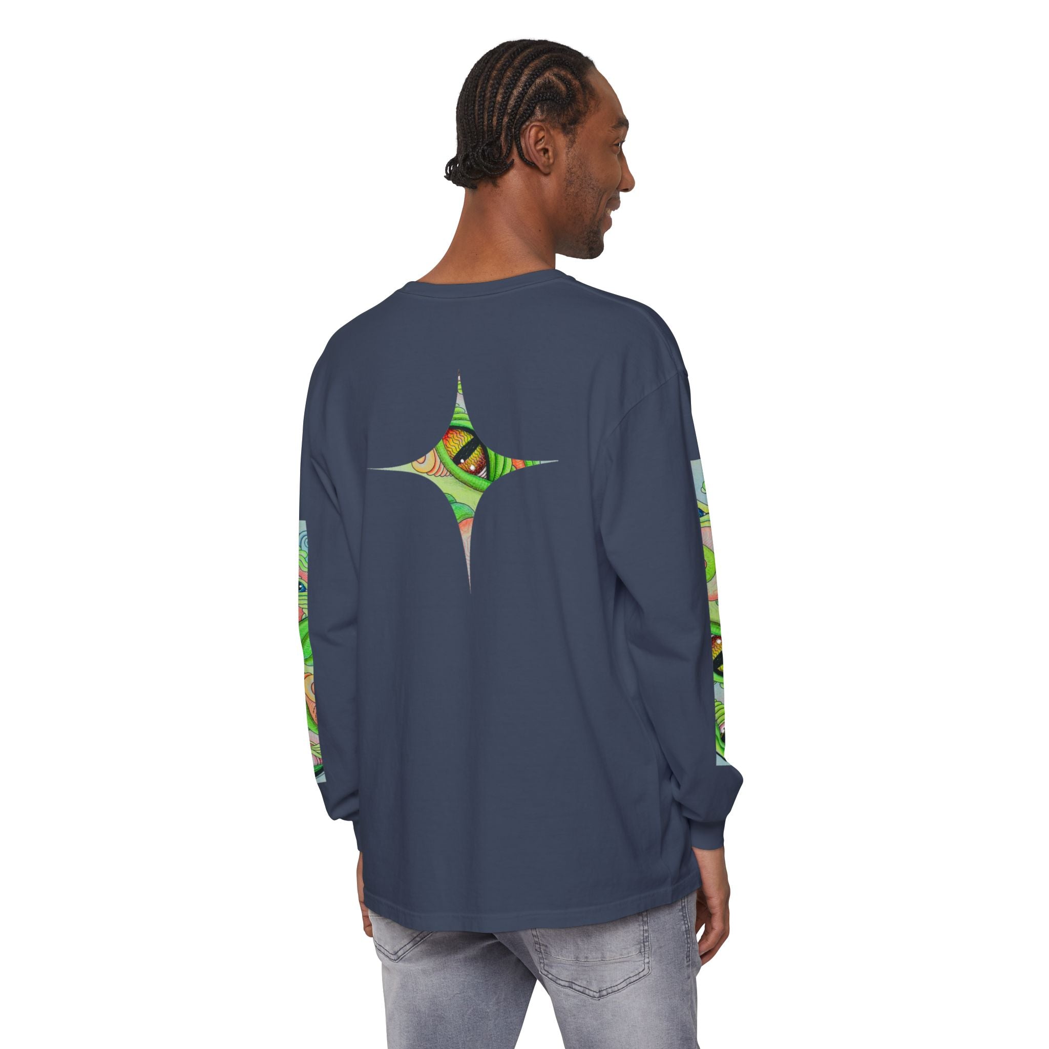 Psychedelic Green Triangle Long Sleeve Tee — Tribal Star Sleeve Artwork #gf086357