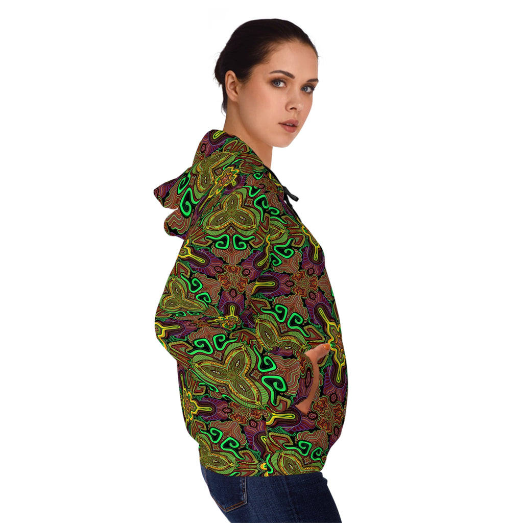 Kaleidoscope Floral Zip-Up Hoodie — Psychedelic Green & Gold All-Over Print #fn994219