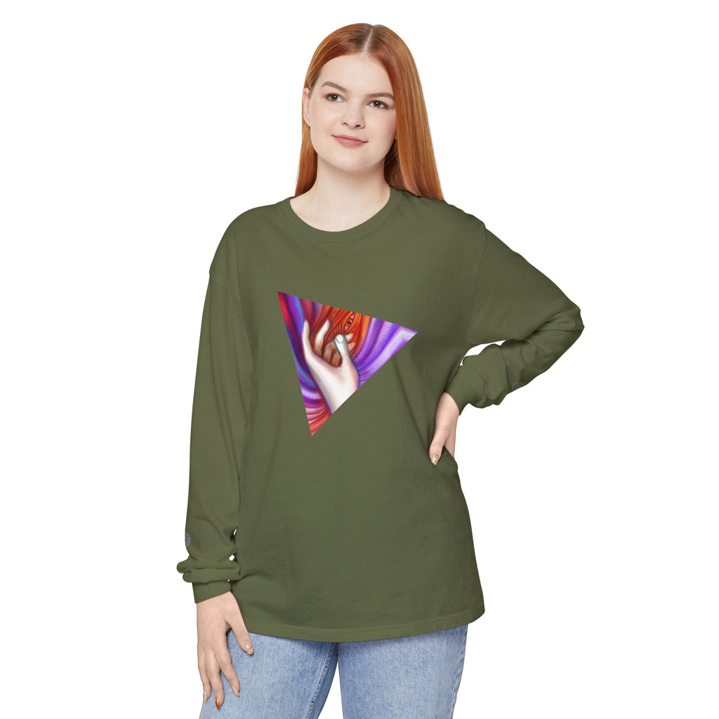 Long Sleeve T-Shirt — Triangular Hand Art Graphic (White) #sh26774