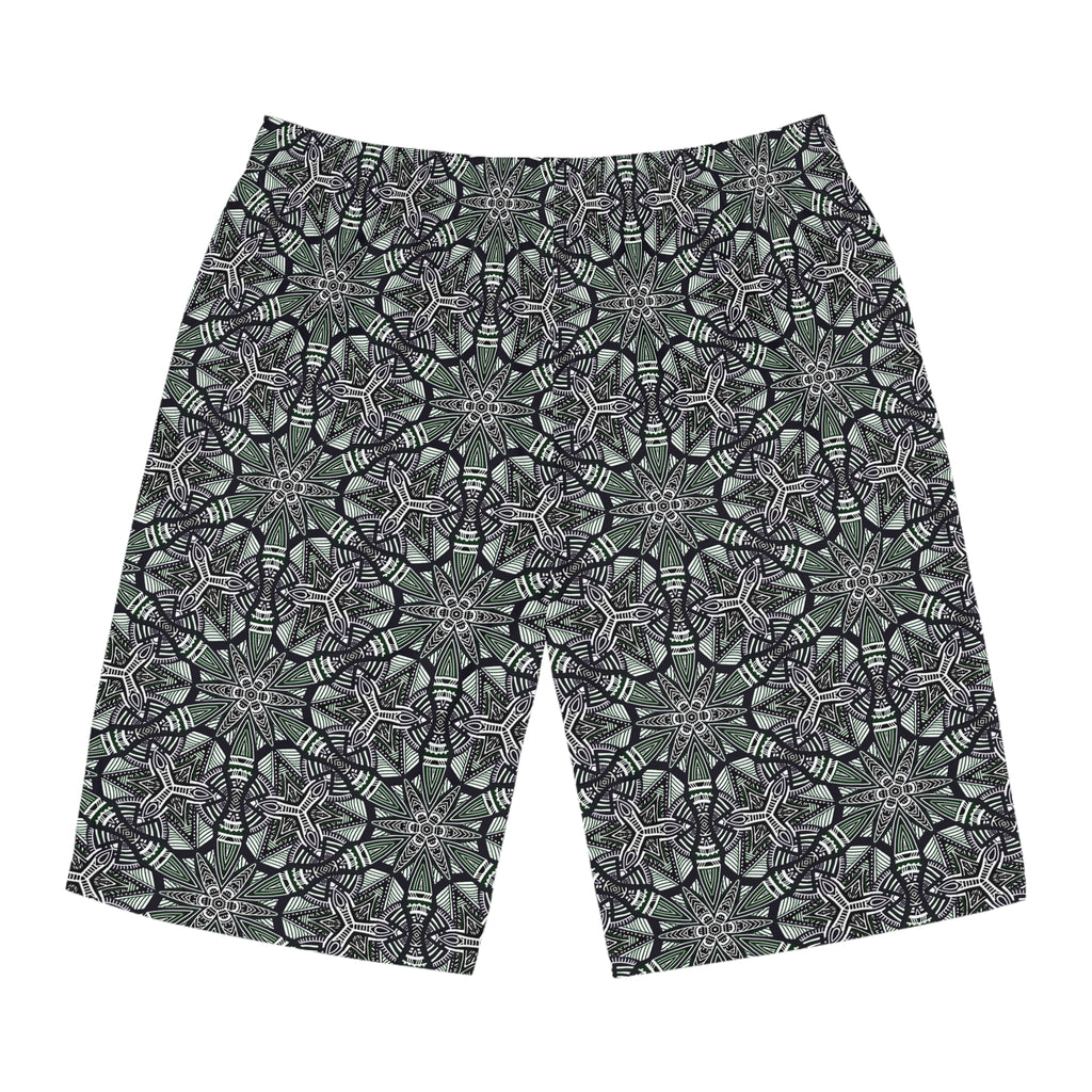 Men's Kaleidoscope Pattern Board Shorts — Green Geometric Swim Trunks #jg886479
