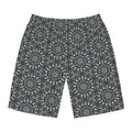 Men's Kaleidoscope Pattern Board Shorts — Green Geometric Swim Trunks #jg886479