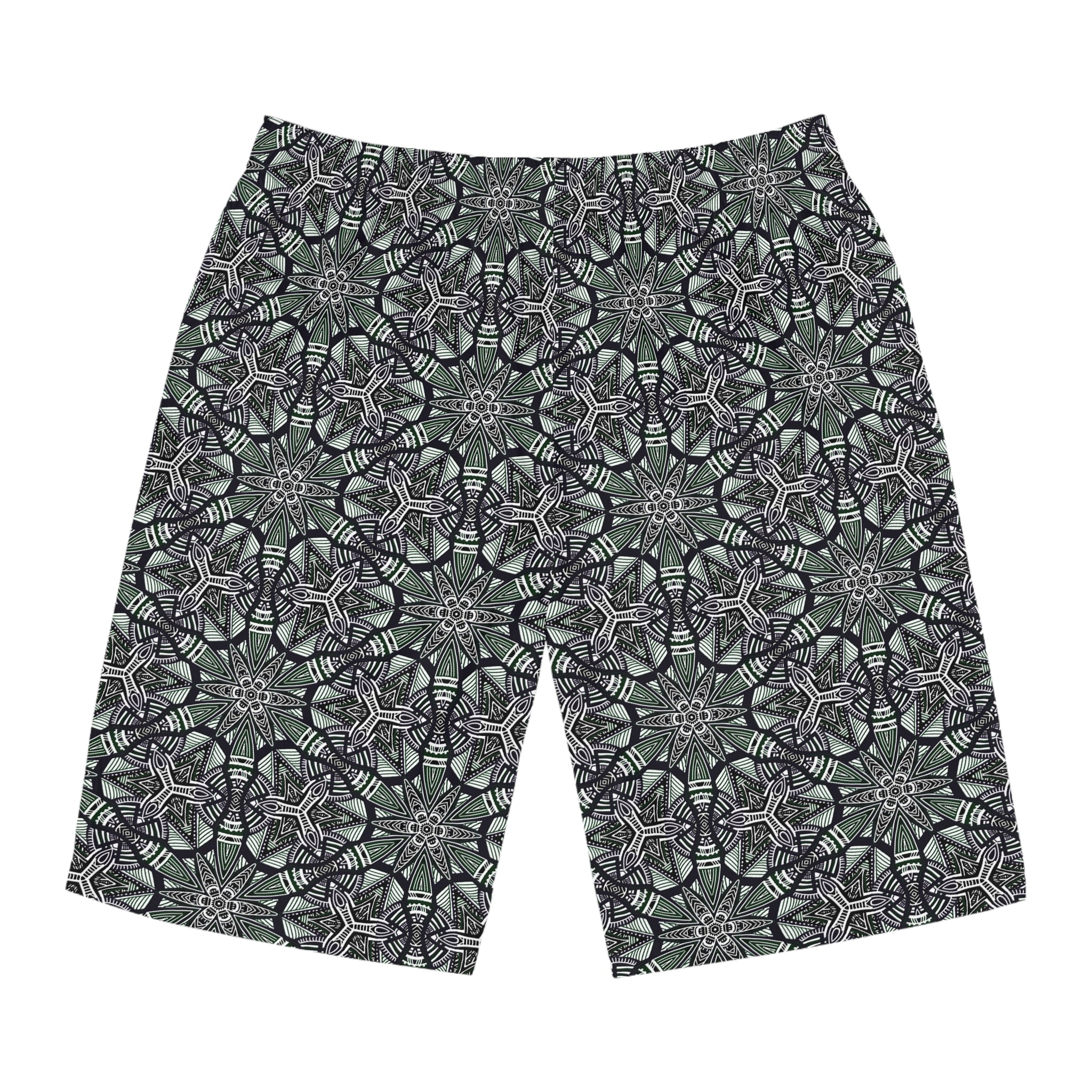 Men's Kaleidoscope Pattern Board Shorts — Green Geometric Swim Trunks #jg886479