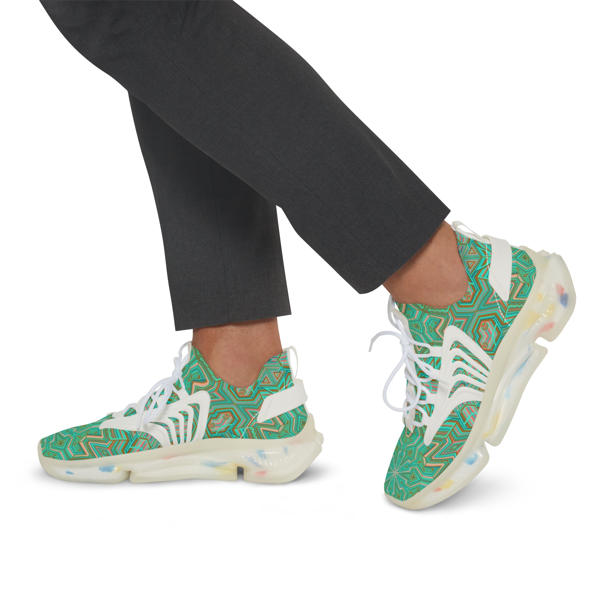 Green Geometric Mesh Sneakers — Men's Athletic Shoes with Kaleidoscope Pattern #khf87656
