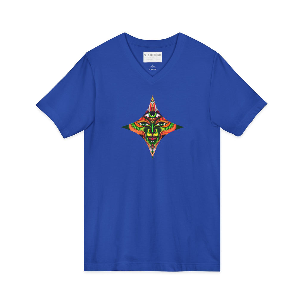 Tribal Mask Diamond Tee — Vibrant Ethnic Face Graphic V‑Neck T‑Shirt #hg 08656