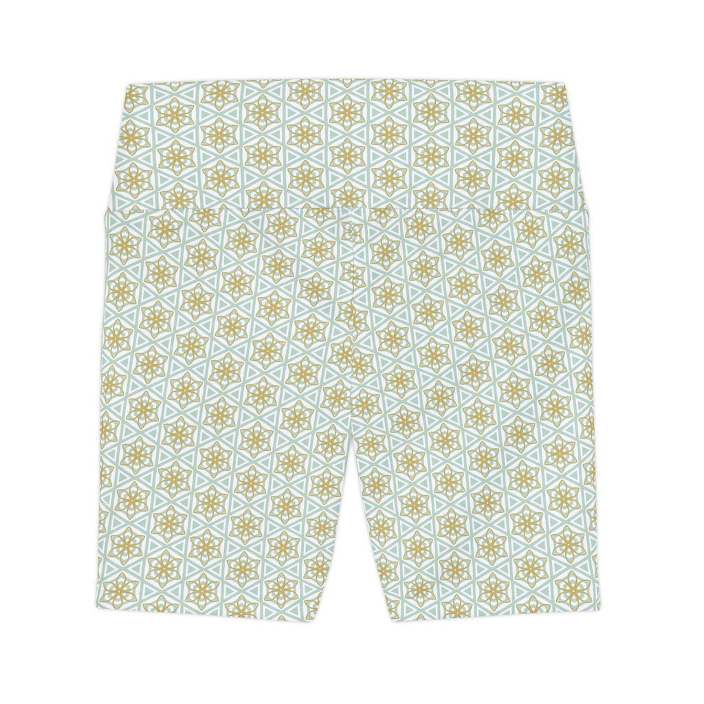 Geometric Tile Print Women's Workout Shorts — Mint & Gold AOP Activewear #d24245