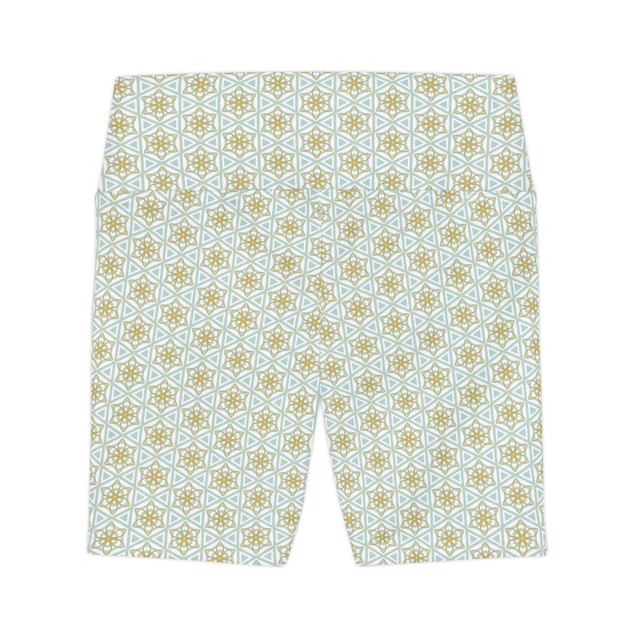Geometric Tile Print Women's Workout Shorts — Mint & Gold AOP Activewear #d24245