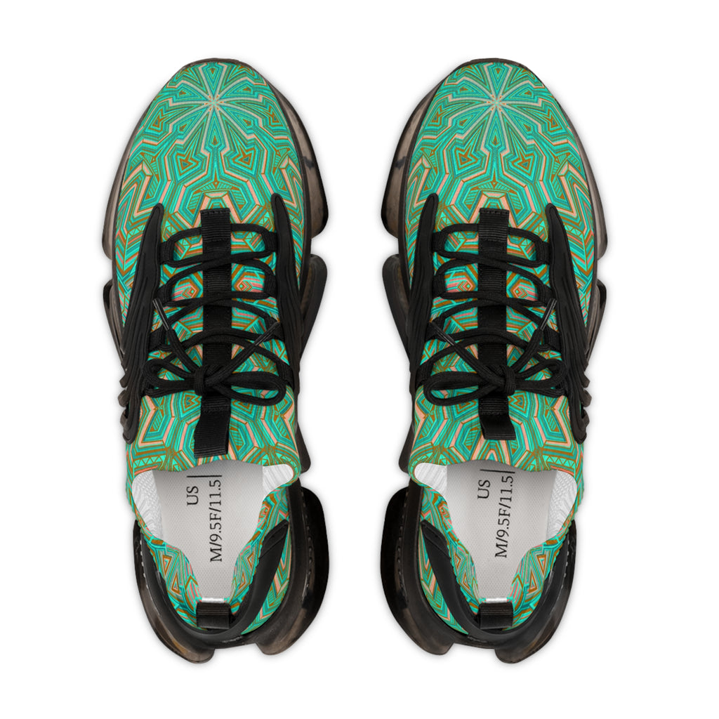 Green Geometric Mesh Sneakers — Men's Athletic Shoes with Kaleidoscope Pattern #khf87656