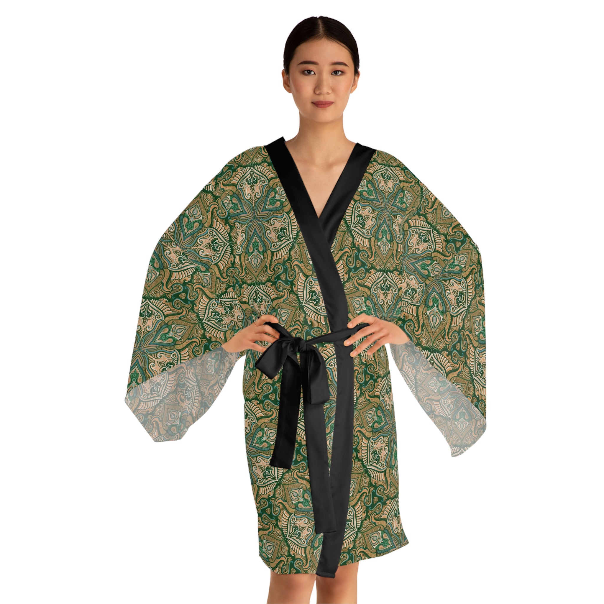 Green Floral Mandala Pattern Kimono Robe | Long Sleeve # kfm1