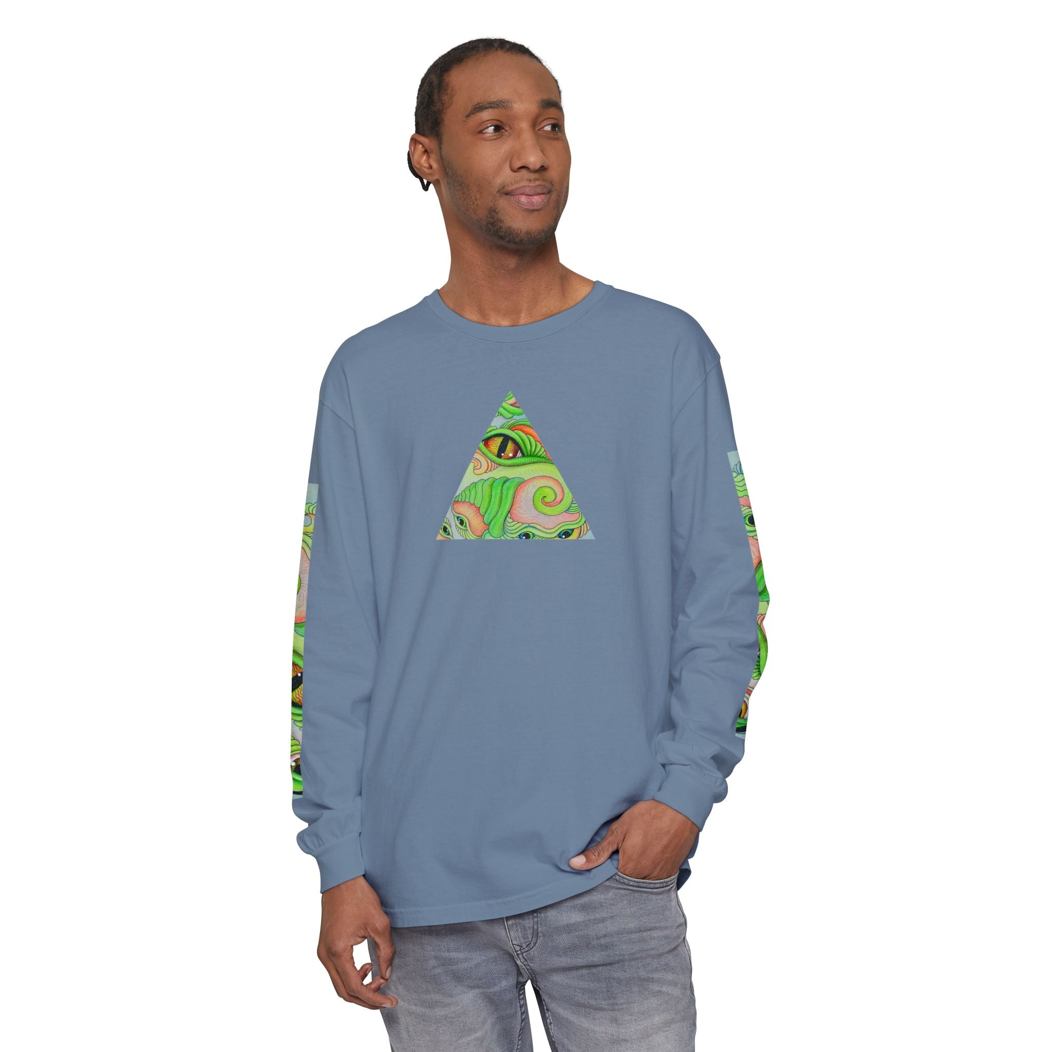 Psychedelic Green Triangle Long Sleeve Tee — Tribal Star Sleeve Artwork #gf086357