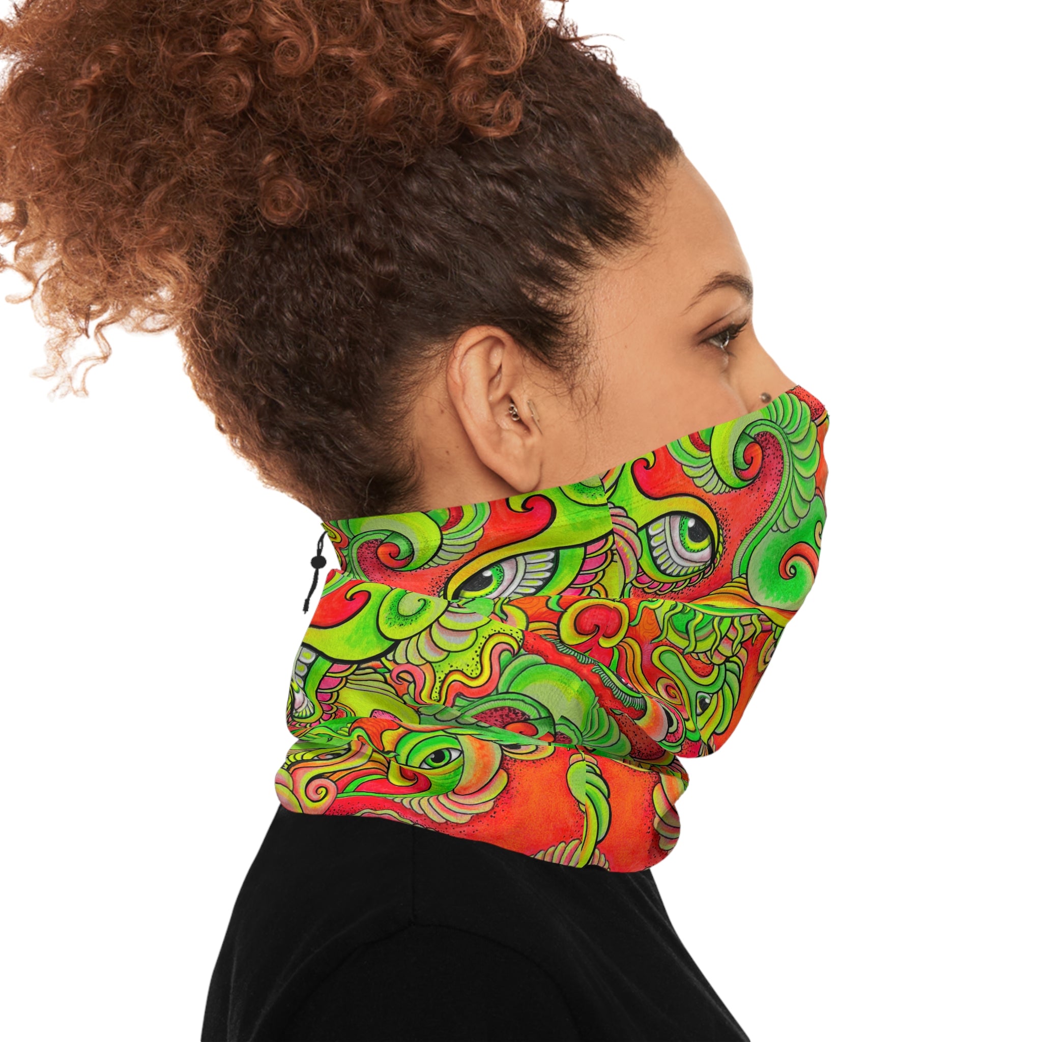 Psychedelic Paisley Winter Neck Gaiter with Drawstring — Bright Green & Orange Thermal Face Warmer #ew865479900