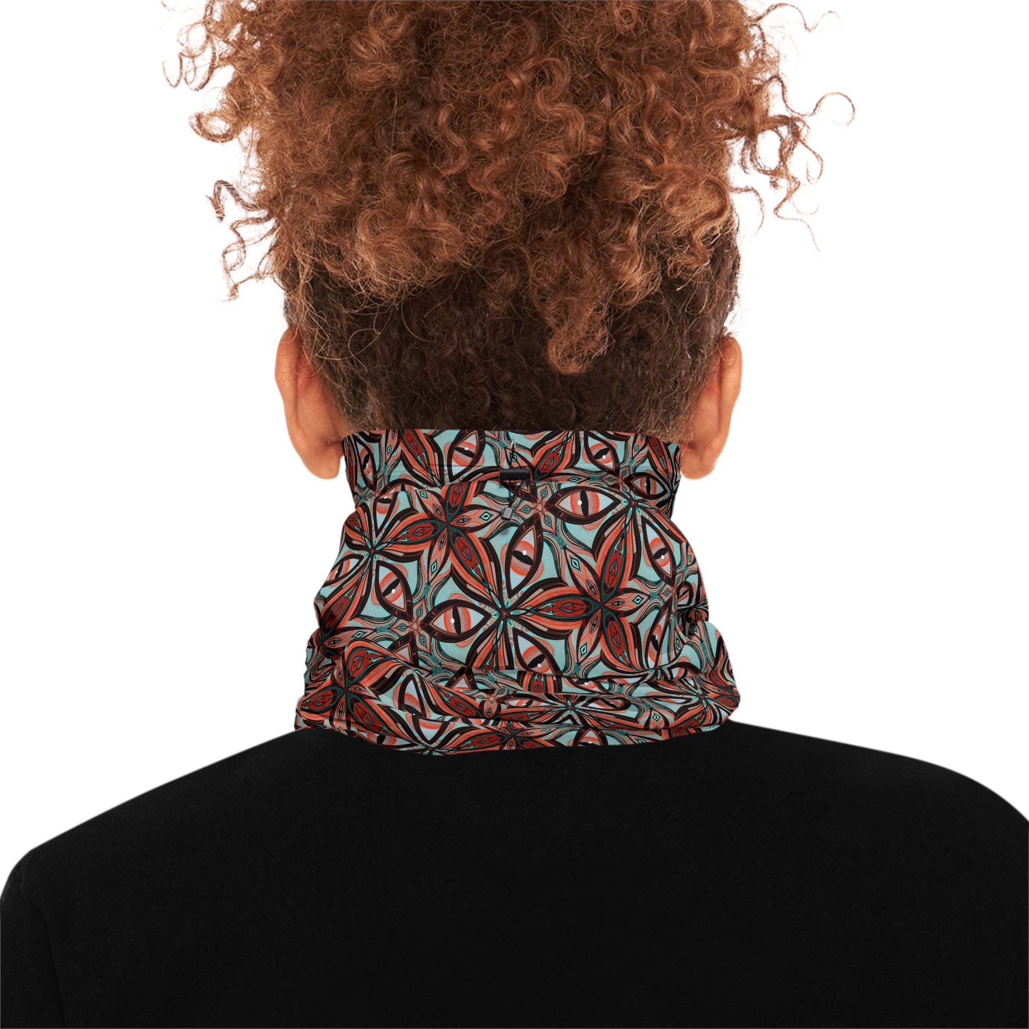 Patterned Winter Neck Gaiter — Red Teal Geometric Drawstring Face Mask